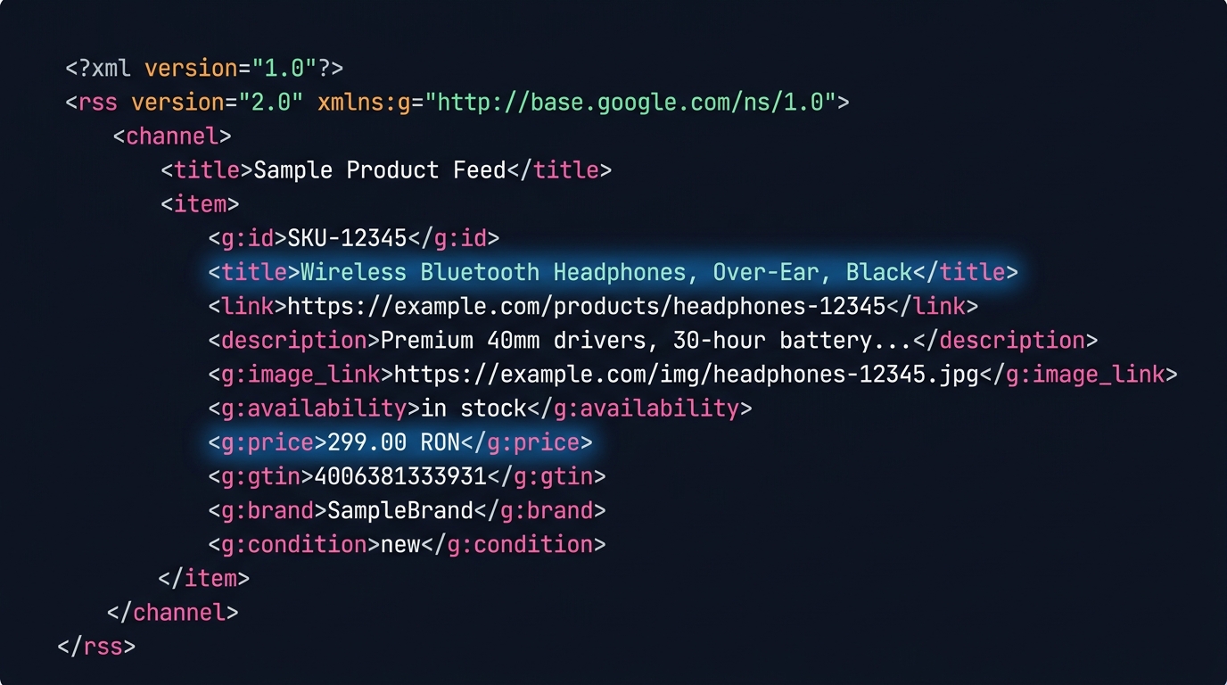 Excerpt of an XML product feed showing one item with title, price, GTIN, and image_link fields