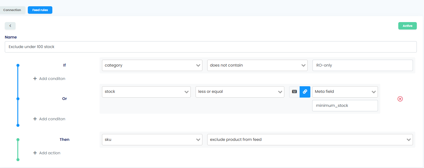Screenshot of the Feed Rule editor in easySales — exclude action filtering products by category or tag for a multi-country sync feed.