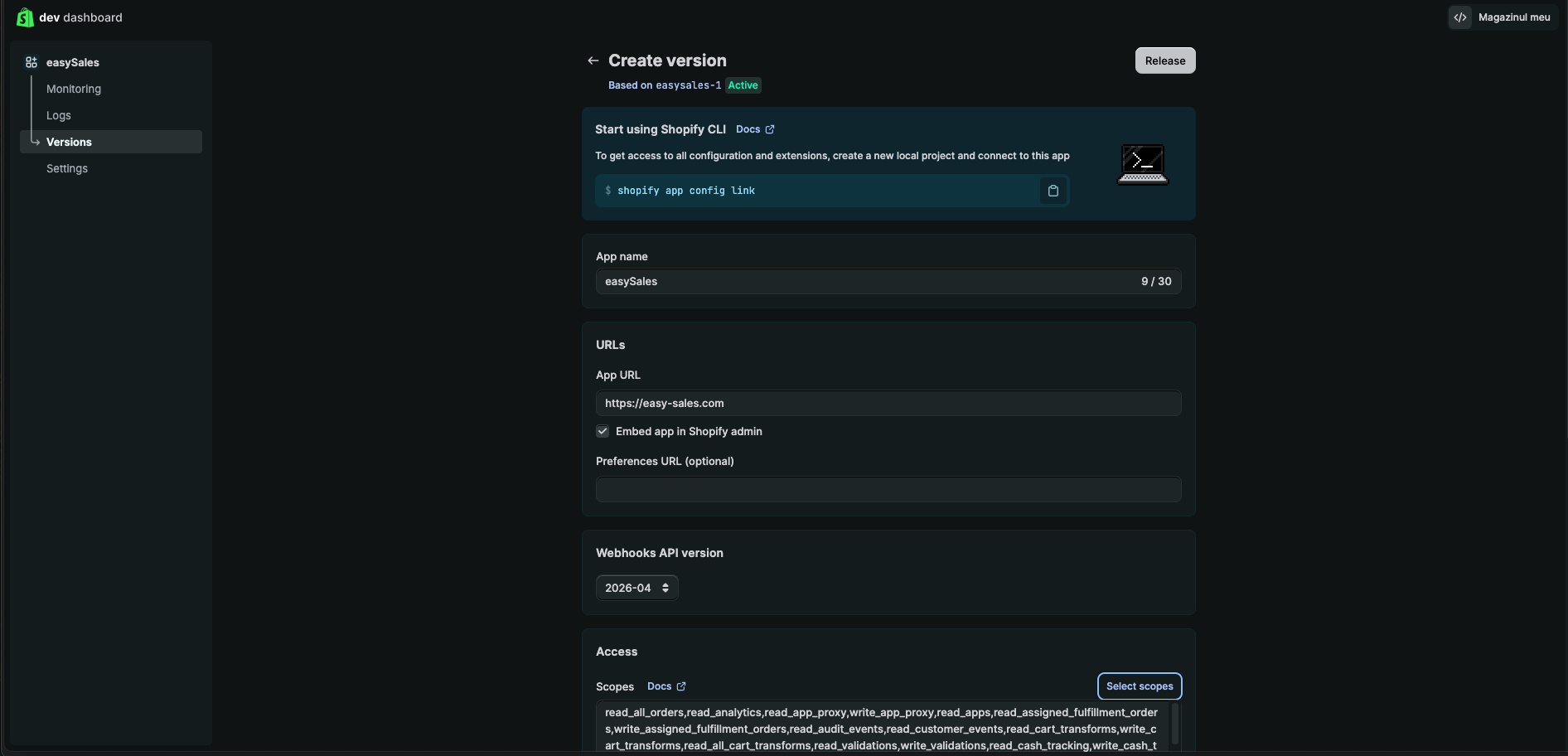 Shopify Dev Dashboard Create version screen with App name easySales, App URL https://easy-sales.com, Webhooks API version, and Access scopes list