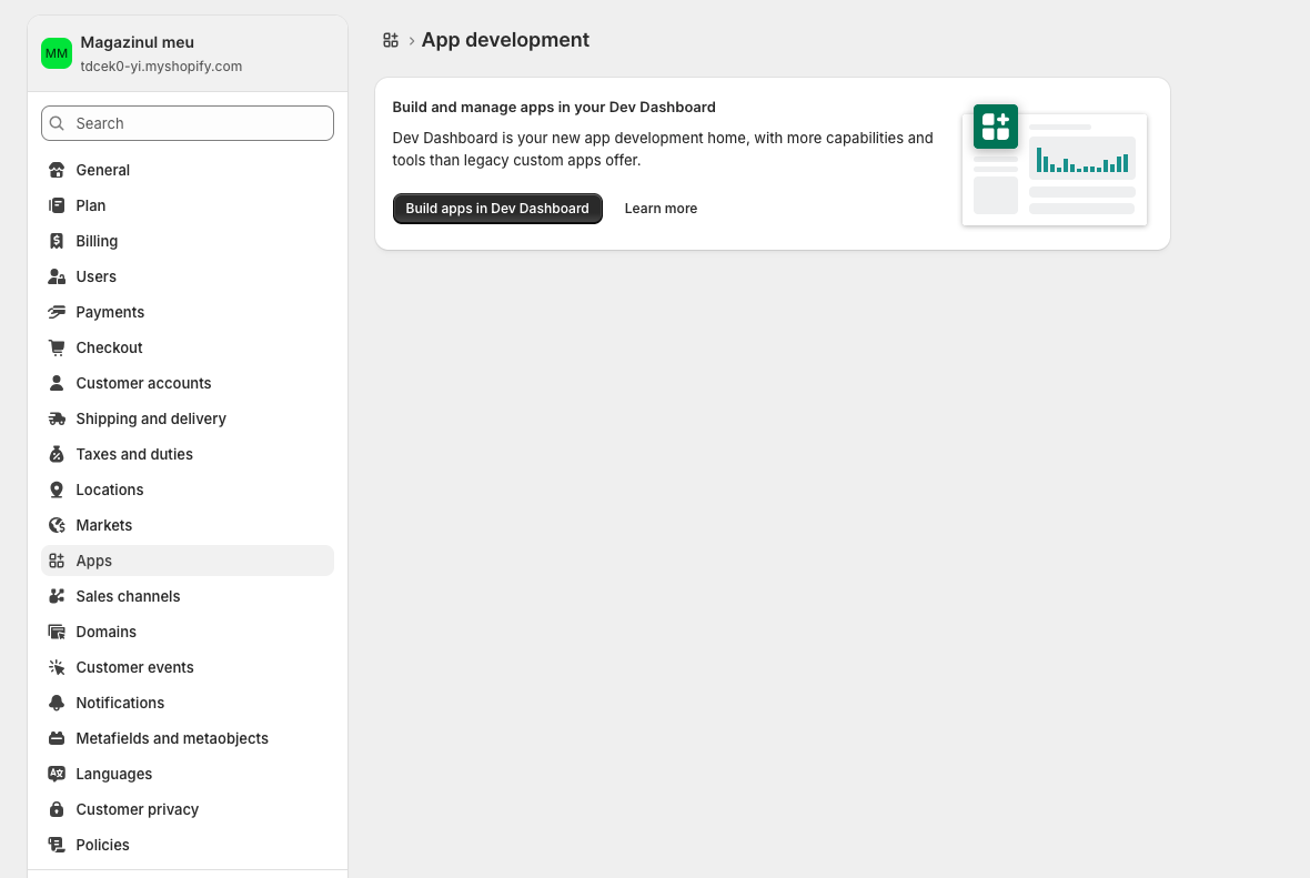 Shopify admin Settings → Apps panel with the Build apps in Dev Dashboard call to action