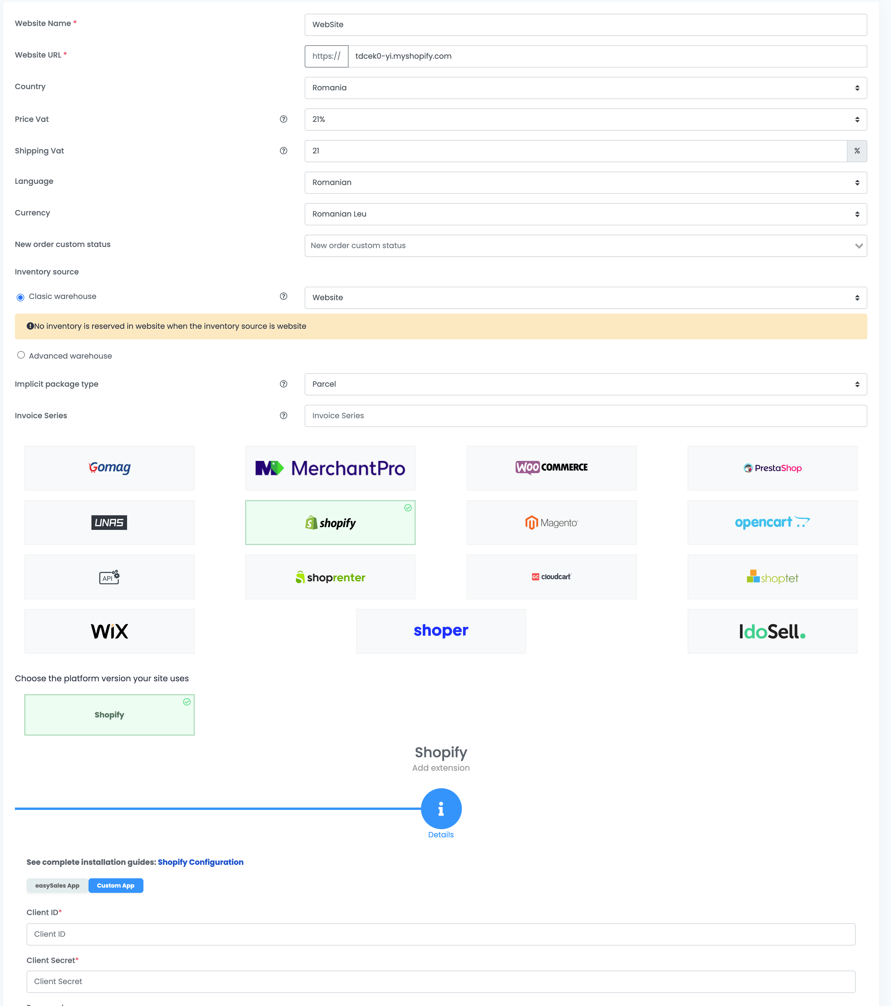 easySales Connect Website form with Shopify selected, the Custom App tab active, and the Client ID and Client Secret fields visible