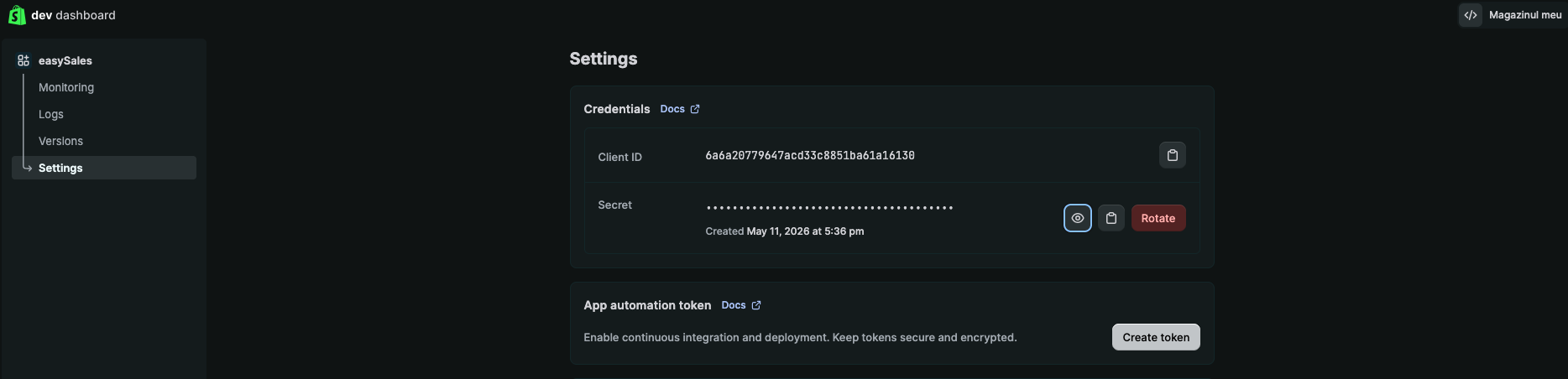 Dev Dashboard Settings tab with Credentials section showing Client ID and a hidden Secret value with Reveal, Copy, and Rotate buttons