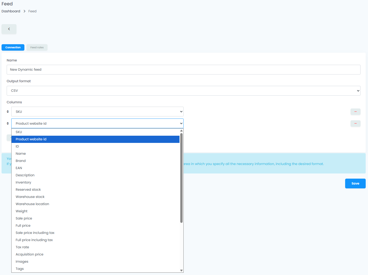 Screenshot of the Dynamic feed builder in easySales — feed name, output format toggle, and the column picker with sku, ean, stock and price columns selected.
