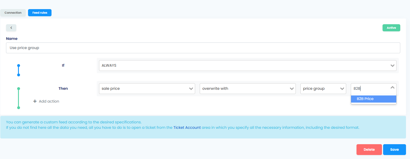 Screenshot of the Feed Rule editor in easySales — overwrite action targeting the partner_price column with the Price group formula chip selected and a B2B price group picked.