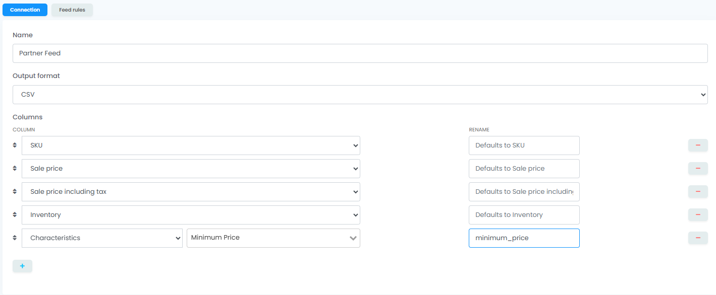 Captură de ecran cu builder-ul de coloane al feed-ului Dynamic în easySales, cu o coloană de tip Caracteristică pentru Preț minim și câmpul Redenumește setat la min_price.