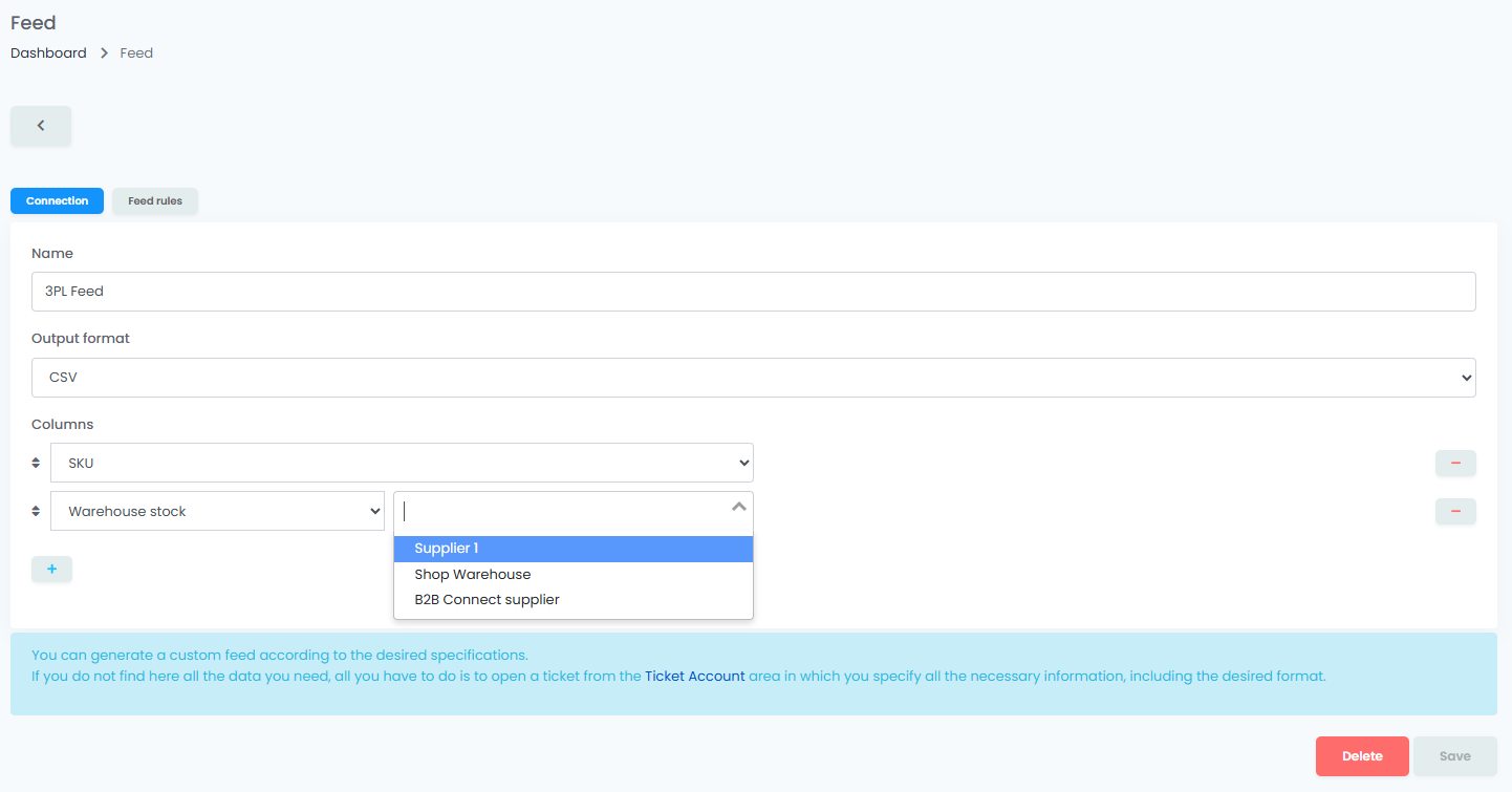 Screenshot of the Dynamic feed column picker in easySales with just sku and stock columns selected.