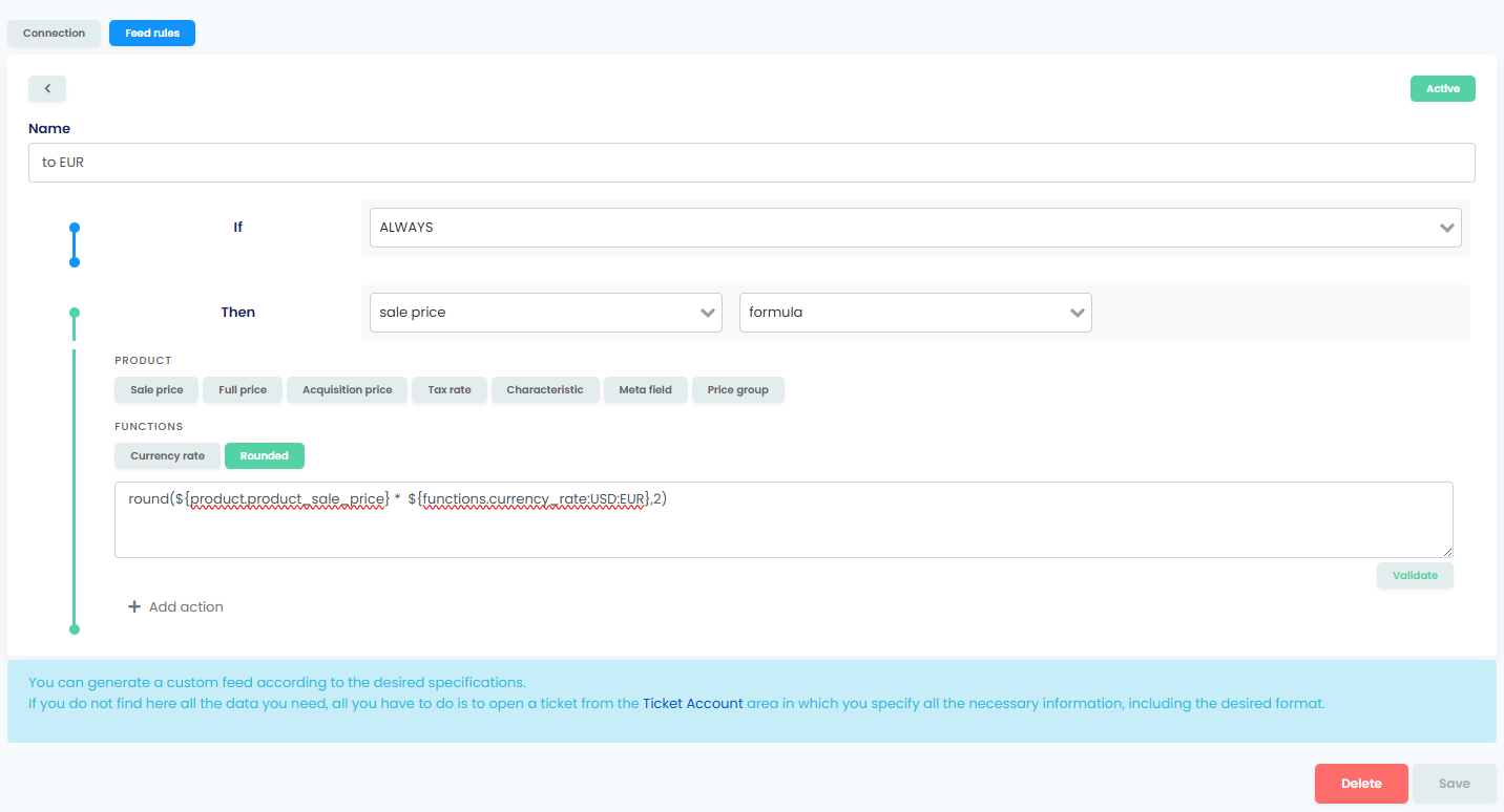 Screenshot of the Feed Rule formula editor in easySales with the currency_rate chip configured to convert RON to EUR.