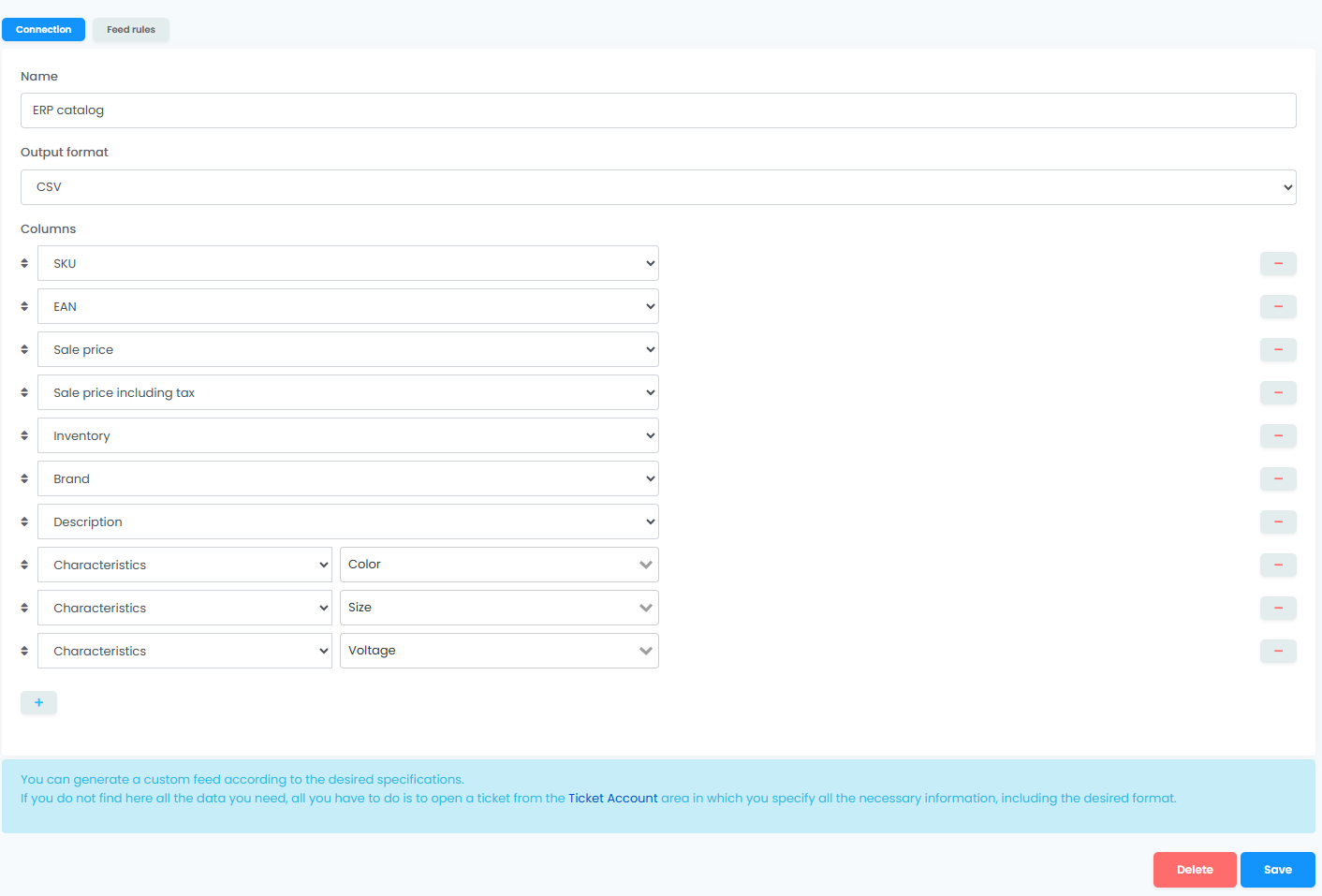 Screenshot of the Dynamic feed column picker in easySales with multiple per-characteristic columns selected — Colour, Size, Voltage.