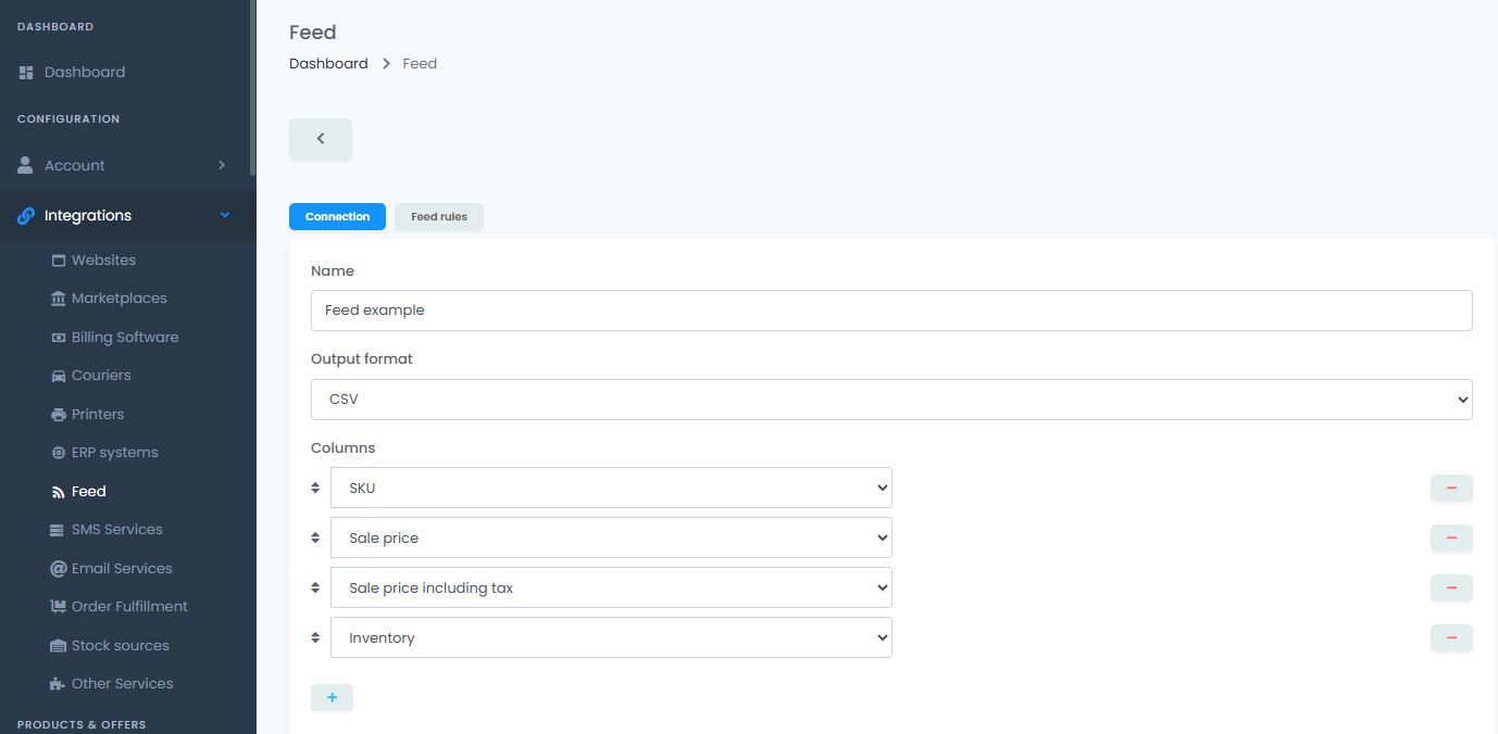 easySales feed configuration screen showing feed URL, last regenerated and last read timestamps