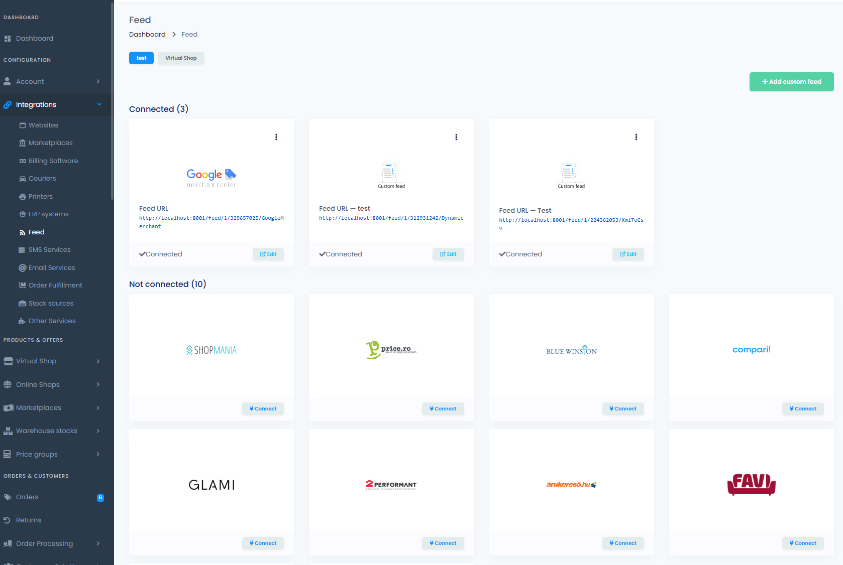 easySales Feeds overview page showing the catalog of connectable shopping channels