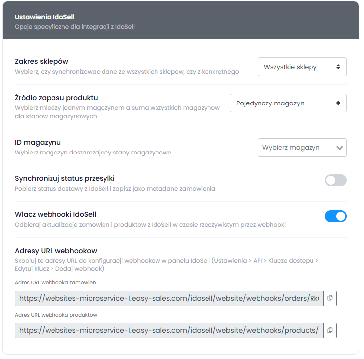 easySales IdoSell偏好设置显示订单和产品的Webhook URL